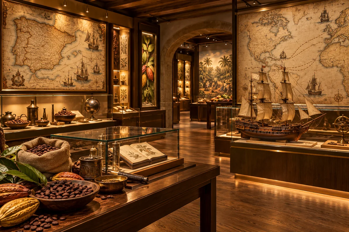 Concept of a cacao heritage exhibition with historic maps and a sailing ship model