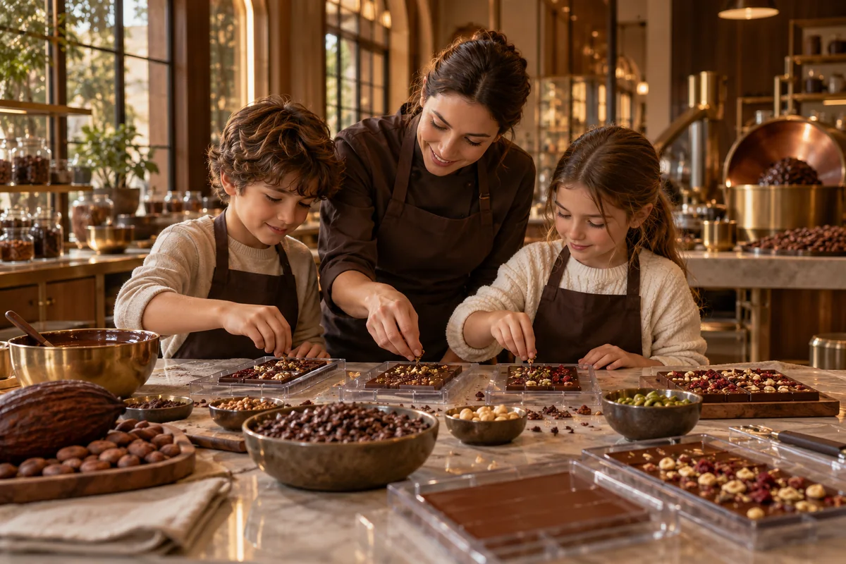 Concept of a chocolatier guiding children through a chocolate-making workshop